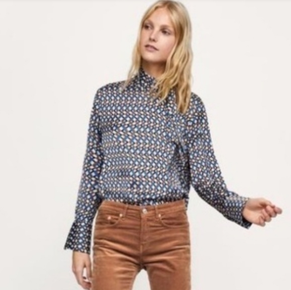 Zara Women's Geometric Print Tie-Neck Button Back Long Sleeve Blouse Size XS